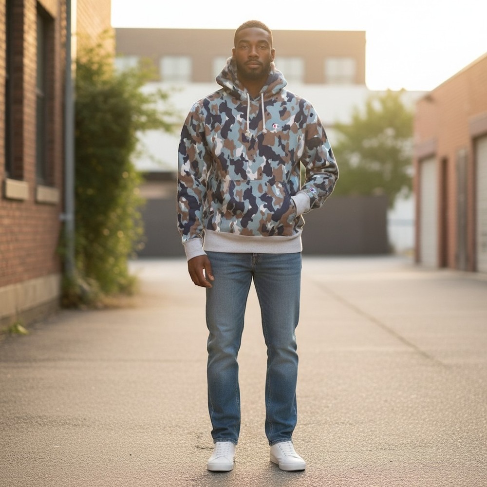 Champion Reverse Weave Hoodie Mens Large Blue Brown Camo Pullover S2794 5ZM